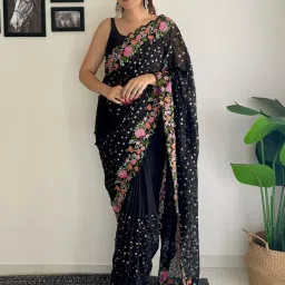 Saree Mall Black Embellished Sarees With Unstitched Blouse image 1