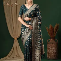 Saree Mall Blue Woven Sarees With Unstitched Blouse image 1