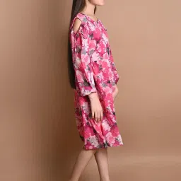 LilPicks Kids Pink Floral Print Full Sleeves Dress image 3