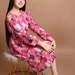 LilPicks Kids Pink Floral Print Full Sleeves Dress image 4