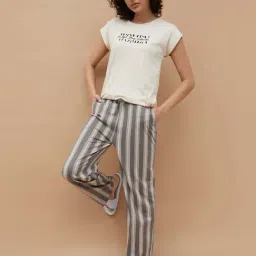 Ginger By Lifestyle Grey Cotton Regular Fit Striped Pyjamas image 4