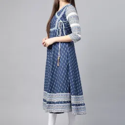YASH GALLERY Blue Cotton Printed Flared Kurta image 3
