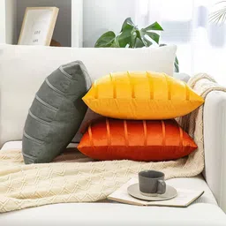 Khooti Grey & Yellow Set of 3 Striped Square Cushion Covers image 4