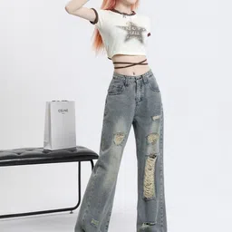 KPOP Women Regular Fit Mid-Rise Light Fade Jeans image 5