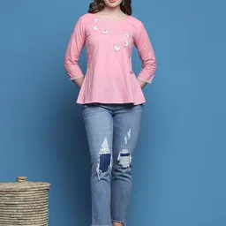 Merira Women Floral Embroidered Round Neck Cotton Top-image-13