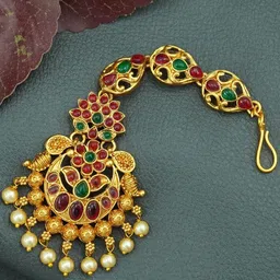 Diksha collection Brass-Plated Stone-Studded & Beaded Maang Tikka-image-11