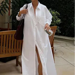 LULU & SKY Women Slits Long Sleeve Cotton Shirt Maxi Dress-picture-21