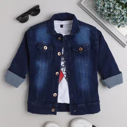 Ministitch Full Sleeves Washed Denim Jacket With Half Sleeves Text Printed T Shirt - White And Navy Blue-picture-35