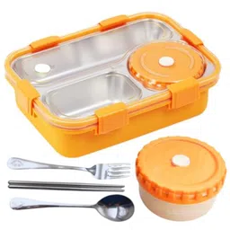 PLUSPOINT Bento Lunch Box Insulated Air Tight Portable Lunch Box with Utensils, Stainless Steel Lunch Box with Containers, Leak Proof Bento Box (ORANGE) image 1