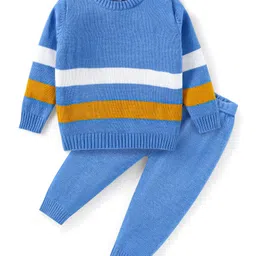 Babyhug Knitted Full Sleeves Pullover Striped Sweater Set - Blue Mustard & White-picture-19