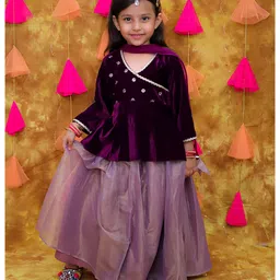 KID1 Velvet Three Fourth Sleeves Sequins & Placket Lace Embellished Lehenga Choli With Dupatta Set - Purple-picture-22