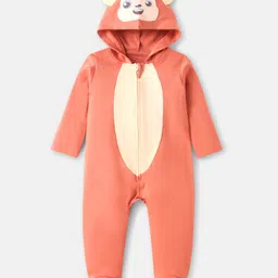 Babyhug Cotton Knit Full Sleeves Footed Sleepsuit with Hood & Bear Patch - Coral-picture-21