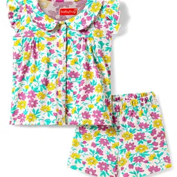 Babyhug Cotton Kit Frill Sleeves Co-ords Peter Pan Collared Front Open Shorts Night Suit with Floral Print - White-picture-35