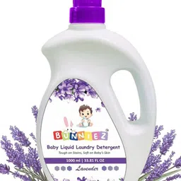 Bunniez Baby Laundry Detergent, Lavender Fragrance | Liquid Detergent for Baby Clothes | Kills Bacteria | Free From Harsh Chemicals & Colorant - 1000ml (Lavender)-image-0