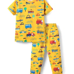 Babyhug Cotton Knit Half Sleeves Co-ords Night Suit With Vehicles Print - Yellow image 1
