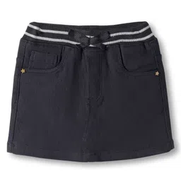 Babyhug Denim Mid Thigh Ribbed Waist Washed Skirt With Bow Applique - Black-picture-12