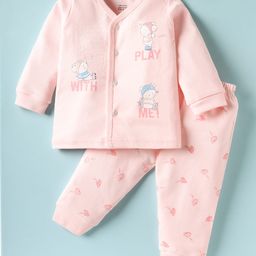 Zero Interlock Knit Full Sleeves Front Open Night Suit With Teddy Print - Light Pink-picture-28