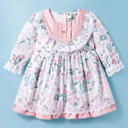 ToffyHouse Cotton Woven Full Sleeves Frock With Floral Print - Peach & White-picture-21