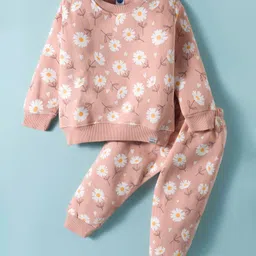 Teddy Fleece Knit Full Sleeves Winter Wear Co-ords Night Suit With Floral Print - Pink-image-69