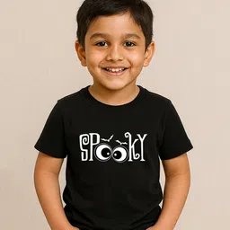 BLUSHES 100% Cotton Knit Halloween Theme Half Sleeves Spooky Text Printed Tee - Black-picture-19