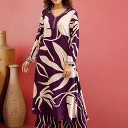 Sangria Women Abstract Leaf Printed V-Neck Straight Kurta & Palazzo-image-51