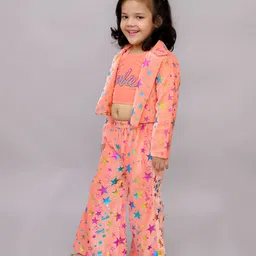 Lil' Drama Mattel Featuring Barbie Text Foil Printed Top & Pant With Full Sleeves Jacket Set - Pink image 4