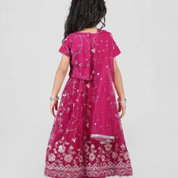 Babyhug Woven Half Sleeves Choli Lehenga Set with Dupatta With Sequin Floral Design & Lace Detailing - Dark Pink image 3