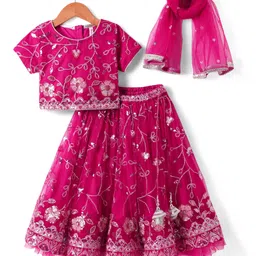 Babyhug Woven Half Sleeves Choli Lehenga Set with Dupatta With Sequin Floral Design & Lace Detailing - Dark Pink image 4