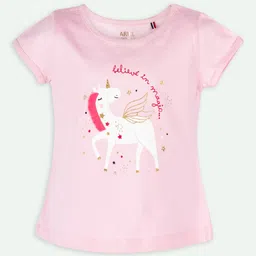 Ariel Cotton Knit Pack Of 2 Half Sleeves Unicorn & Typography Printed Tops - Dark & Light Pink image 5