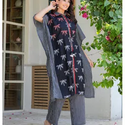 Aujjessa Cotton Woven Half Batwing Sleeves Dragonflies Printed Maternity Kurti With Front Open Nursing Access & Coordinating Pant Set - Black image 5