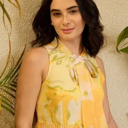 OCTICS Women Abstract Printed Tiered Tie-Up Neck Georgette Fit & Flare Midi Dress image 3