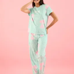 Sweet Dreams Aqua & Pink Cotton Printed T-Shirt With Pyjamas image 1