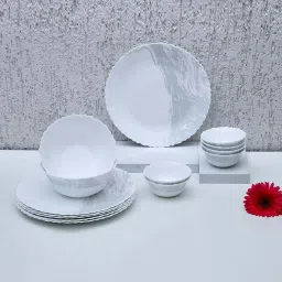 @home by Nilkamal White Opalware Arias Fluted Graphite Snow Dinner Set - Set of 14 image 1