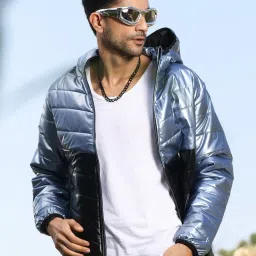 Campus Sutra Blue Regular Fit Quilted Hooded Jacket image 1