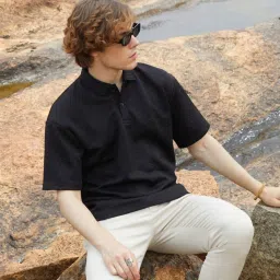 Campus Sutra Black Regular Fit Self Pattern Polo T-Shirt image 1