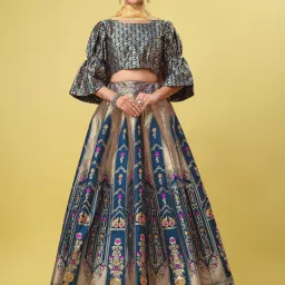 PURVAJA Teal Printed Stitched Lehenga & Unstitched Blouse With Dupatta image 1