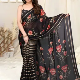 MIRCHI FASHION Black Printed Saree With Unstitched Blouse image 1