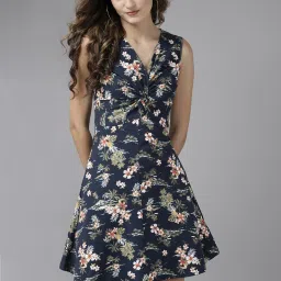 KASSUALLY Navy Cotton Floral Print Fit & Flare Dress image 1
