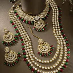 Peora Gold-Plated Kundan Beads Bridal Choker Long Necklace Earrings Maangtikka Wedding Jewellery Set image 1