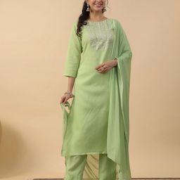 Janasya Women Embroidered Regular Pure Cotton Kurta with Trousers & With Dupatta-picture-0