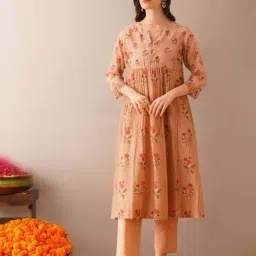 Jaypore Peach Orange Block Printed Flare Fit Kurta-picture-20