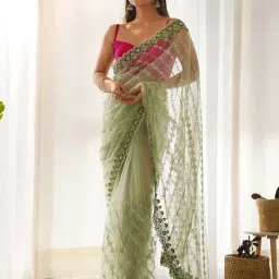 Saree Mall Green Embellished Sarees With Unstitched Blouse image 1