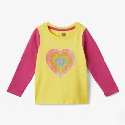 The Souled Store Kids Yellow & Pink Cotton Printed Full Sleeves T-Shirt image 1