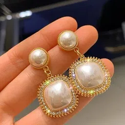 Celestique Korean Gold Plated Pearls Contemporary Drop Earrings-picture-37