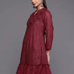 Indo Era Maroon Cotton Embroidered A-Line Dress image 3