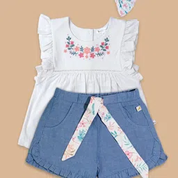 Ohmybebe Girls Embroidered Organic Cotton Top With Shorts & Hair Clip-picture-55