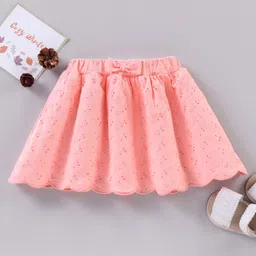 Babyhug Mid Thigh Length Knit Skirt With Schiffli Detailing & Bow Applique- Pink-image-0