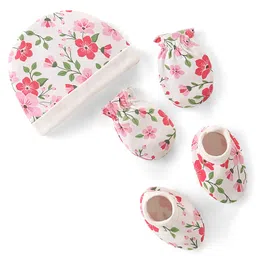 Babyhug 100% Cotton Knit Cap Mittens & Booties Set Floral  Print- White-image-32
