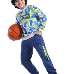 Ollington St. 100% Cotton Knit Full Sleeves Sweatshirt & Joggers Set Text Print- Blue & Navy Blue-image-43