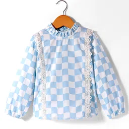 Hugsntugs Cotton Full Sleeves Checkered & Lace Embellished PrintedTop - Blue & White-picture-10